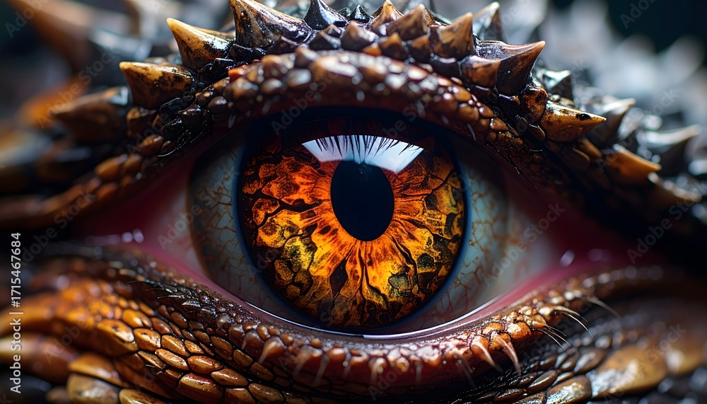 Naklejka premium A stunningly detailed, macro close-up of a dragon's eye. The reptilian iris glows with fiery shades of orange and yellow, surrounded by intricate, scaly skin and spiky horns.