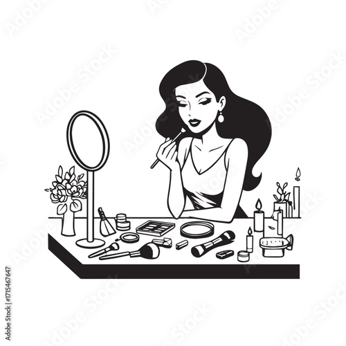 Black and white line art of a beautiful woman doing makeup at dressing table with mirror illustration
