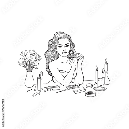 Black and white line art of a beautiful woman doing makeup at dressing table with mirror illustration
