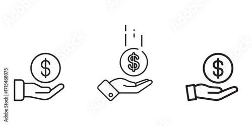 Money in Hand Icon Set Representing Financial Support, Investment, and Economic Assistance