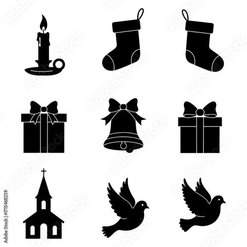 Christmas Icons Silhouette Collection Candle, Stockings, Gifts, Bell, Church, and Dove Illustrations
