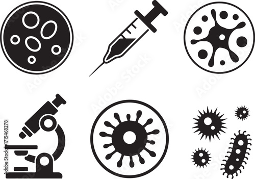 Microscope, syringe, cells, and viruses icons
