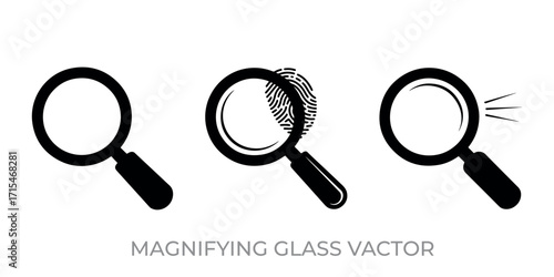 Magnifying Glass Vector Set for Investigation and Search with Fingerprint and Light Rays