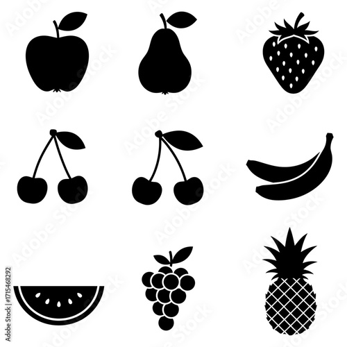 Collection of black and white icons representing various fruits and produce, ideal for dietary or health-related designs