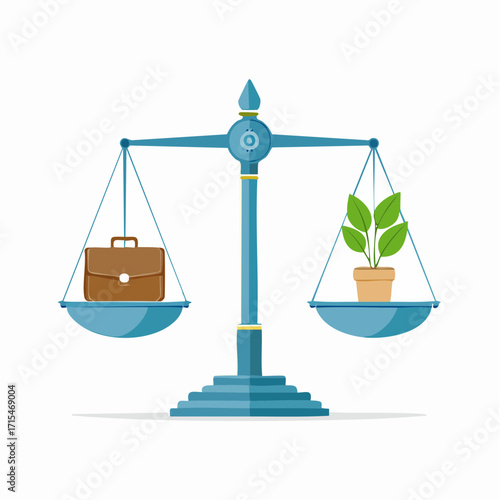 Vector Illustration of a Work-Life Balance Scale A Flying Briefcase and a Thriving Plant