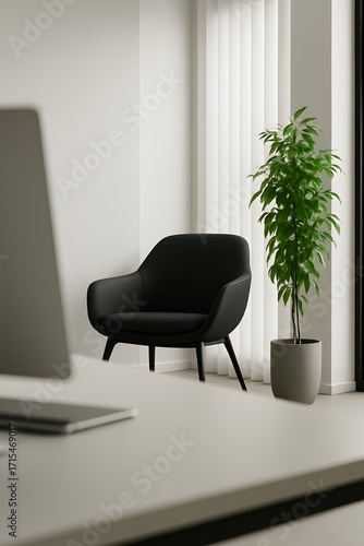 Modern minimal office interior with sleek black swivel chair, green plant in white pot, clean desk and soft natural light through vertical blinds creating elegant workspace atmosphere