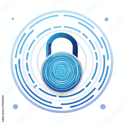 Digital Security Concept A Blue Padlock with Fingerprint and Concentric Circles - Vector Illustration Representing Data Protection and Safety for Flying Through Digital Realms