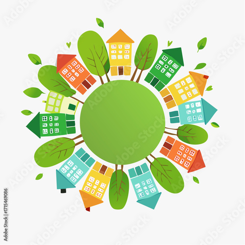 Colorful cartoon village on a small green planet with leaves that fly and are flying, a conceptual vector illustration for an eco-friendly community and sustainable living