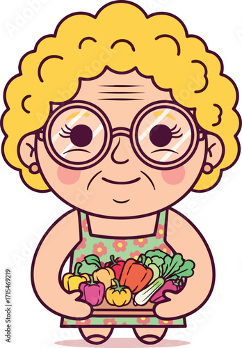 Illustration of an elderly woman holding a tray of fresh vegetables.