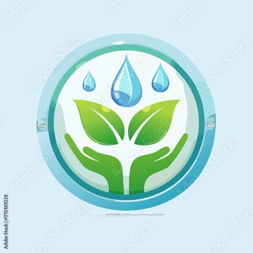 Vector illustration of hands gently cupping green leaves with water droplets flying above, symbolizing nature conservation and environmental care, perfect for eco-friendly branding and campaigns