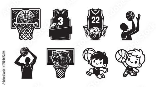 Basketball Hoops Players Cute Kids And Panther Graphics Bundle Black And White Icons athlete sport