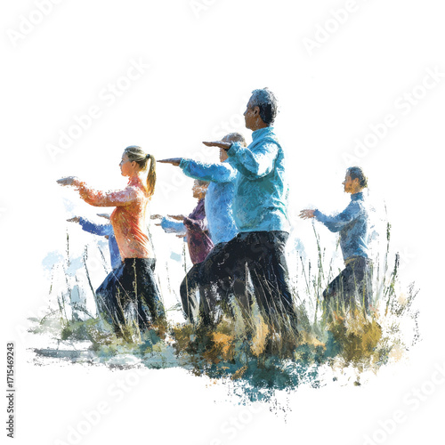 Group of Diverse People Practicing Tai Chi in a Natural Environment