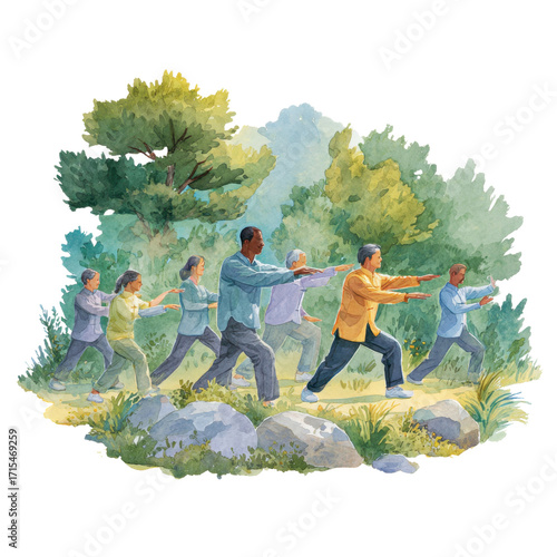 Group Practicing Tai Chi in a Serene Outdoor Setting