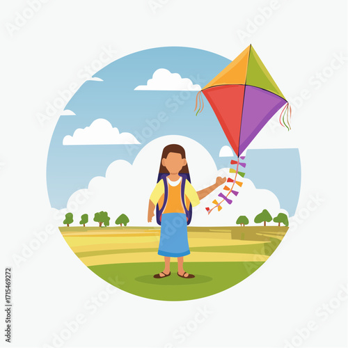 Vector illustration capturing the pure joy of a young girl flying a vibrant, colorful kite in a sunny, expansive outdoor field, embodying childhood freedom and playful spirit