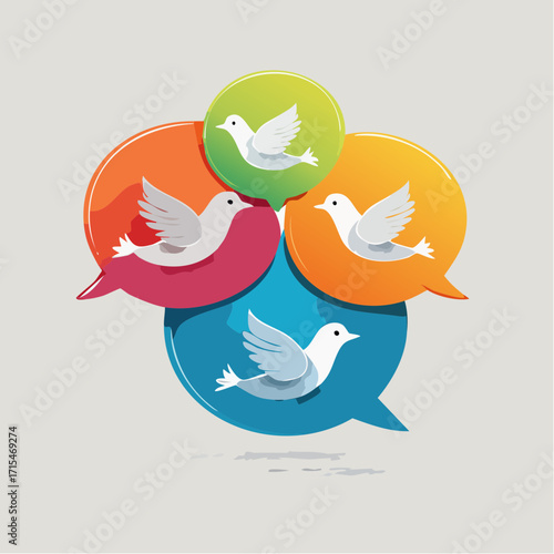 Conceptual vector illustration of white doves that fly inside colorful speech bubbles, a representation of peaceful communication and flying messengers in social media