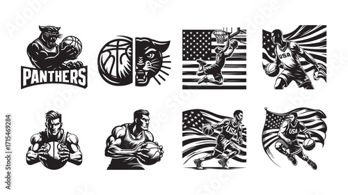 Basketball Player and Panther Mascot Logos with USA Flag and Athletic Figures Keywords: basketball, player, USA, American flag, panther,... Bundle