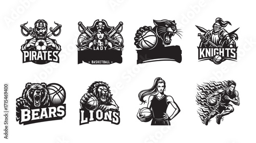Sports Team Logos with Pirates, Knights, Bears, Lions, and Female Basketball Player Keywords: sports, team, logo, emblem, basketball, pirate, Bundle