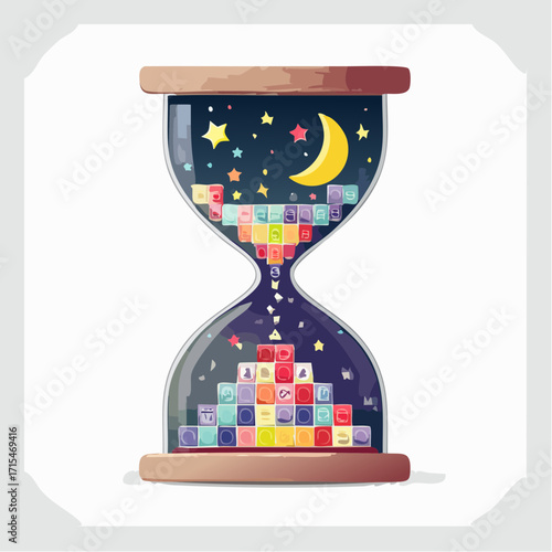 A conceptual vector illustration of an hourglass where time and colorful pixels fly, representing moments flying from a starry night into a new dawn