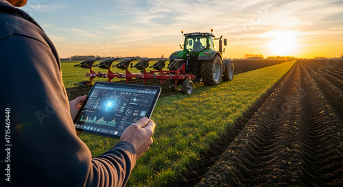 Modern Farmer Utilizing Advanced Technology on a Tractor with Tablet for Efficient Agricultural Practices During Stunning Sunset Over Fields