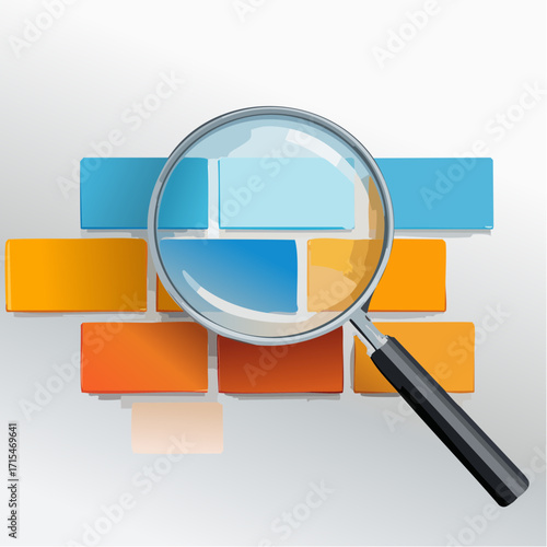 Vector fly flying through an investigation Magnifying glass over colorful rectangular blocks revealing details, for analysis