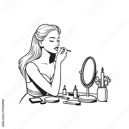 Black and white line art of a beautiful woman doing makeup at dressing table with mirror illustration