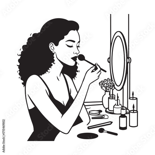 Black and white line art of a beautiful woman doing makeup at dressing table with mirror illustration