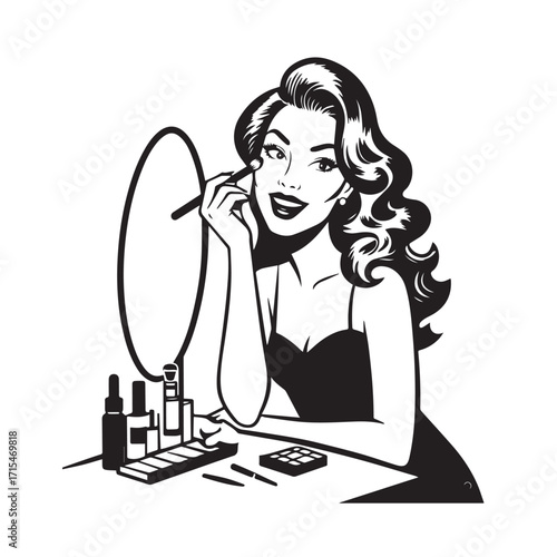 Black and white line art of a beautiful woman doing makeup at dressing table with mirror illustration