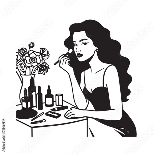 Black and white line art of a beautiful woman doing makeup at dressing table with mirror illustration