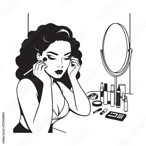 Black and white line art of a beautiful woman doing makeup at dressing table with mirror illustration