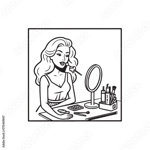 Black and white line art of a beautiful woman doing makeup at dressing table with mirror illustration