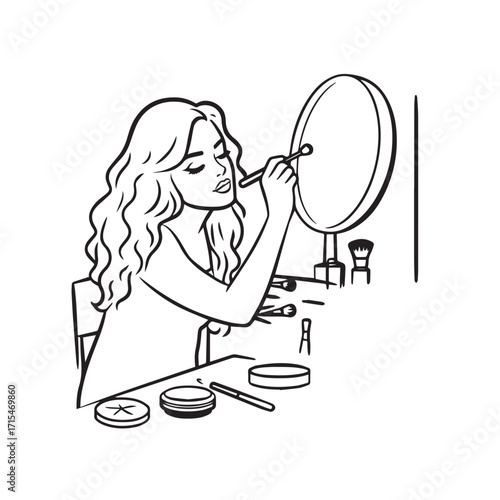 Black and white line art of a beautiful woman doing makeup at dressing table with mirror illustration