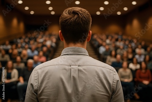 Man standing on stage facing large seated audience in auditorium, concept of leadership, presentation, conference, seminar, keynote speech, business communication and public speaking