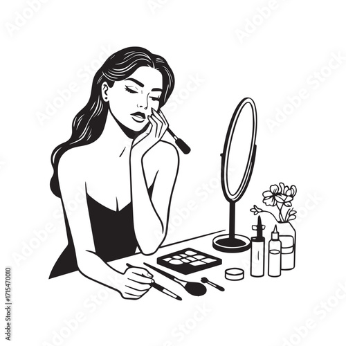 Black and white line art of a beautiful woman doing makeup at dressing table with mirror illustration