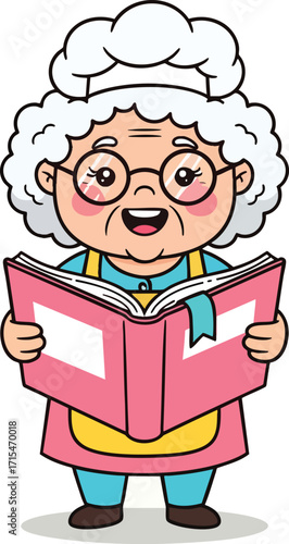 Smiling elderly chef character holding an open cookbook, wearing glasses and a chef's hat.