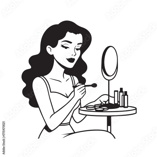 Black and white line art of a beautiful woman doing makeup at dressing table with mirror illustration