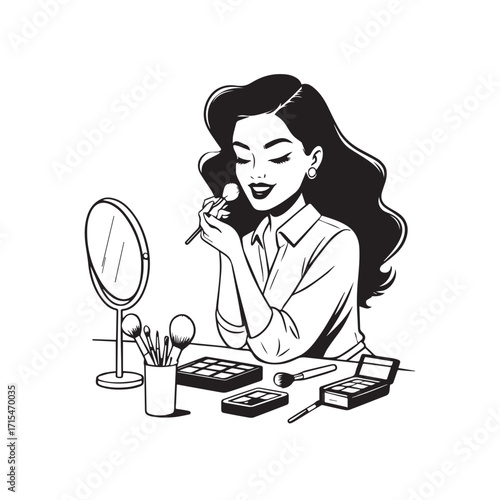 Black and white line art of a beautiful woman doing makeup at dressing table with mirror illustration