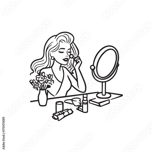 Black and white line art of a beautiful woman doing makeup at dressing table with mirror illustration