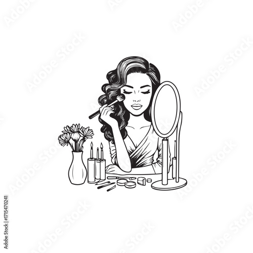 Black and white line art of a beautiful woman doing makeup at dressing table with mirror illustration