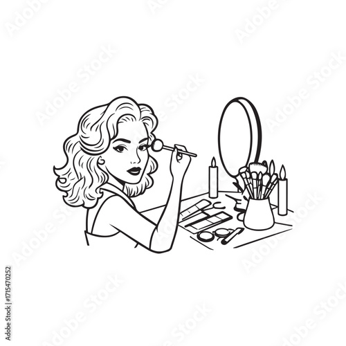 Black and white line art of a beautiful woman doing makeup at dressing table with mirror illustration