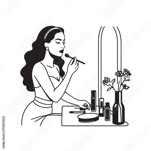 Black and white line art of a beautiful woman doing makeup at dressing table with mirror illustration