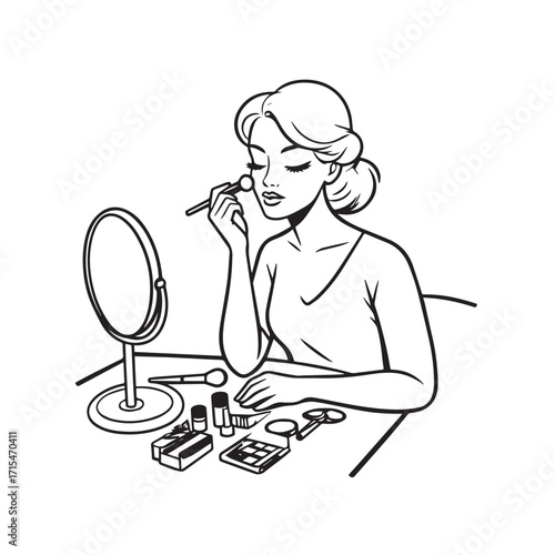 Black and white line art of a beautiful woman doing makeup at dressing table with mirror illustration