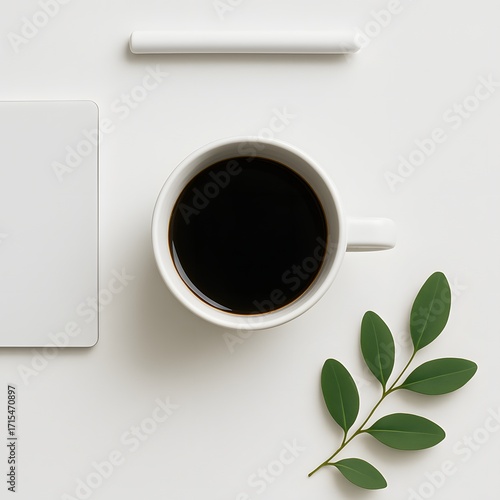 Minimal flat lay composition with cup of black coffee, fresh green leaves, rolled white paper and clean workspace background, perfect for creative design, branding or lifestyle concept