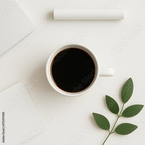 Minimal flat lay composition with cup of black coffee, fresh green leaves, rolled white paper and clean workspace background, perfect for creative design, branding or lifestyle concept