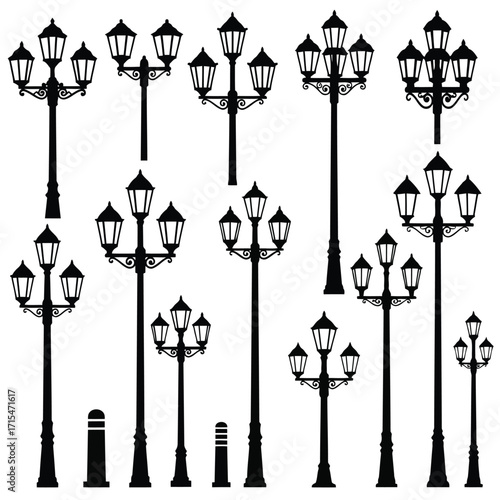 Vector art of collection of black street lamps and bollards