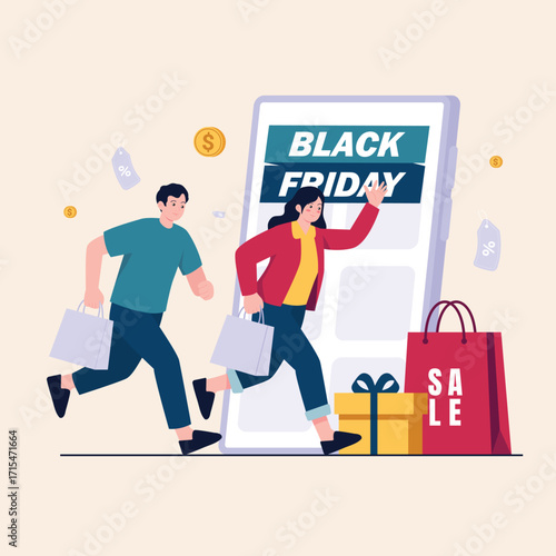 Excited shoppers race to a giant smartphone displaying 'Black Friday' with shopping bags and gifts, symbolizing a sale event