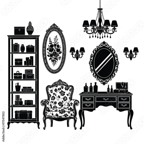 Vector art of silhouette of vintage furniture including bookcase, chair, and vanity
