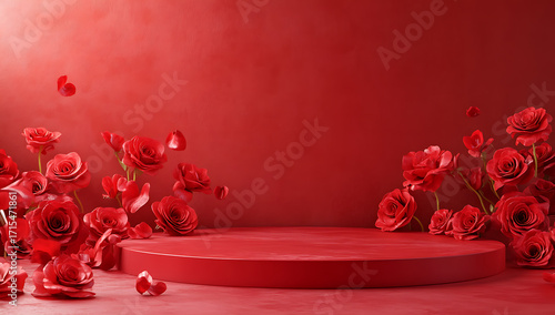 Red round podium surrounded by red roses and petals against a red backdrop, ideal for product display or valentine s day