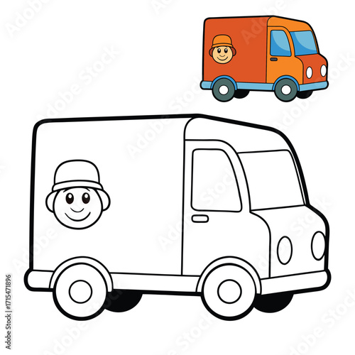 Fun delivery truck coloring page featuring a simple box truck design. Kids can color the wheels, cab, and cargo area while learning about vehicles and transportation.
