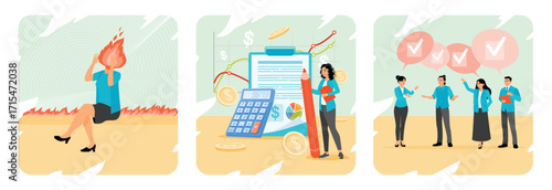 Burnout stress concept. Financial statement with Calculator and Charts. Team agreement.