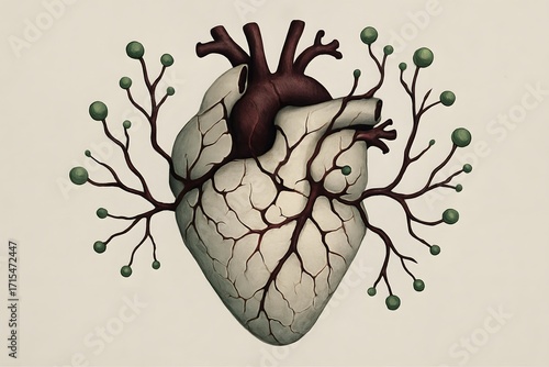 Surreal artistic illustration of a cracked human heart with organic branches extending outward, blending anatomical realism with imaginative botanical design for symbolic concept art